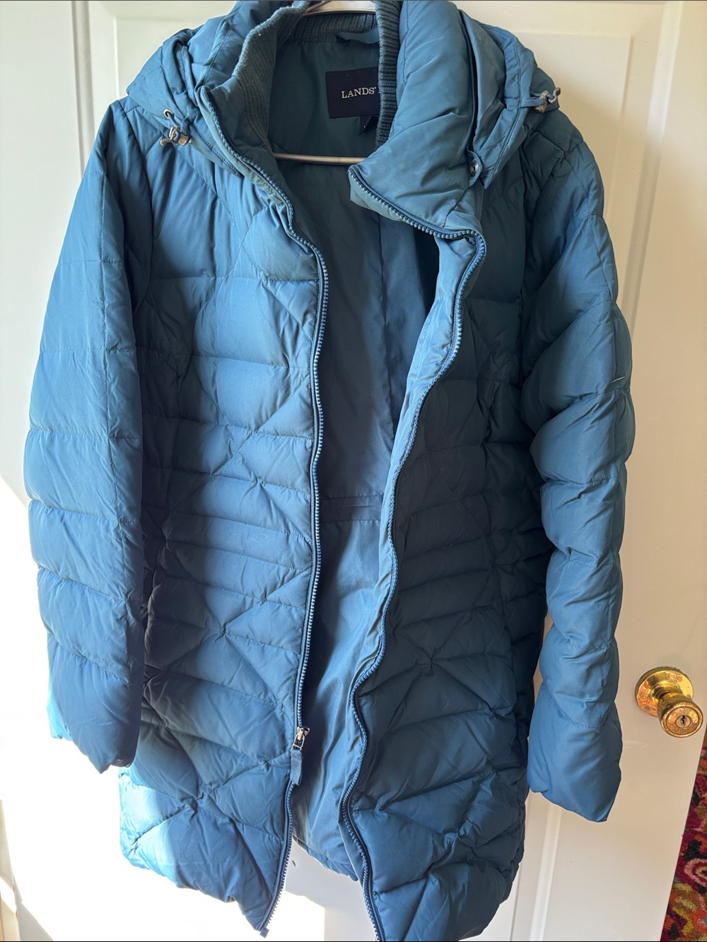 Lands' End Teal-Blue Quilted Long Puffer Coat with Hood
